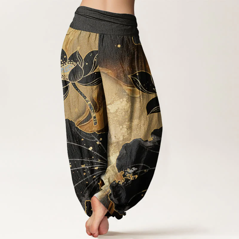 Pantaloni harem da donna con elastico in vita, modello casual in cotone con motivo a petali di loto, motivo Buddha Stones - Image 3