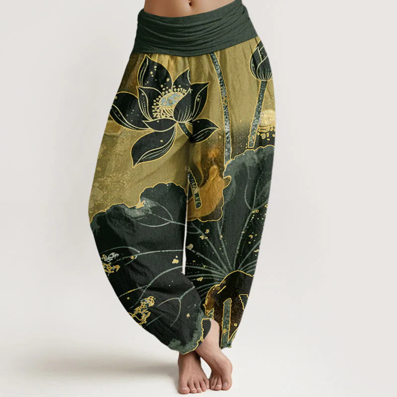 Pantaloni harem da donna con elastico in vita, modello casual in cotone con motivo a petali di loto, motivo Buddha Stones - Image 5