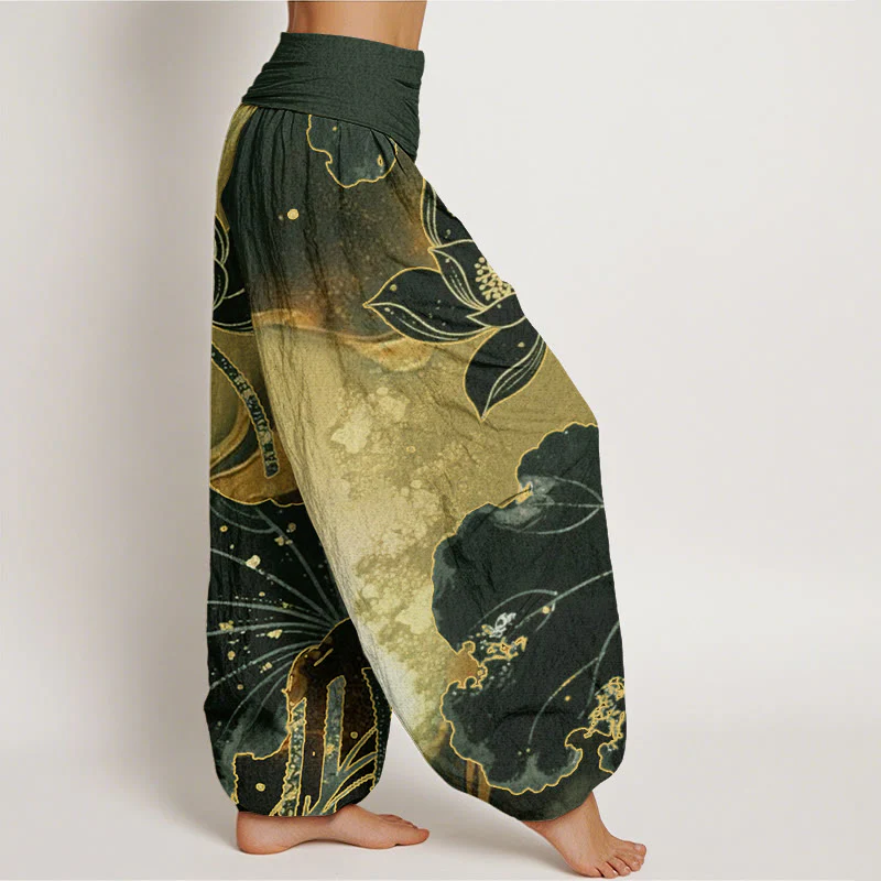 Pantaloni harem da donna con elastico in vita, modello casual in cotone con motivo a petali di loto, motivo Buddha Stones - Image 6