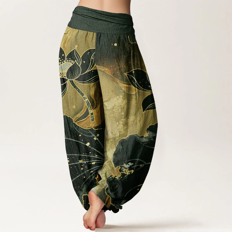 Pantaloni harem da donna con elastico in vita, modello casual in cotone con motivo a petali di loto, motivo Buddha Stones - Image 7