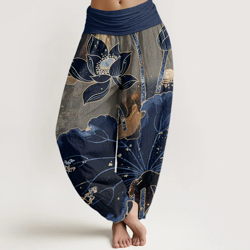 Pantaloni harem da donna con elastico in vita, modello casual in cotone con motivo a petali di loto, motivo Buddha Stones - Image 8
