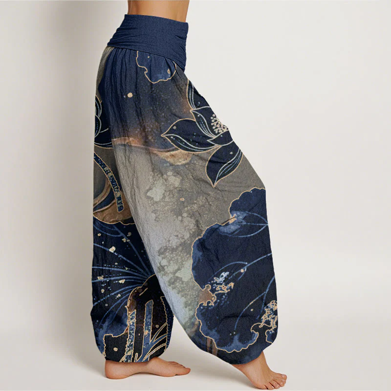 Pantaloni harem da donna con elastico in vita, modello casual in cotone con motivo a petali di loto, motivo Buddha Stones - Image 9