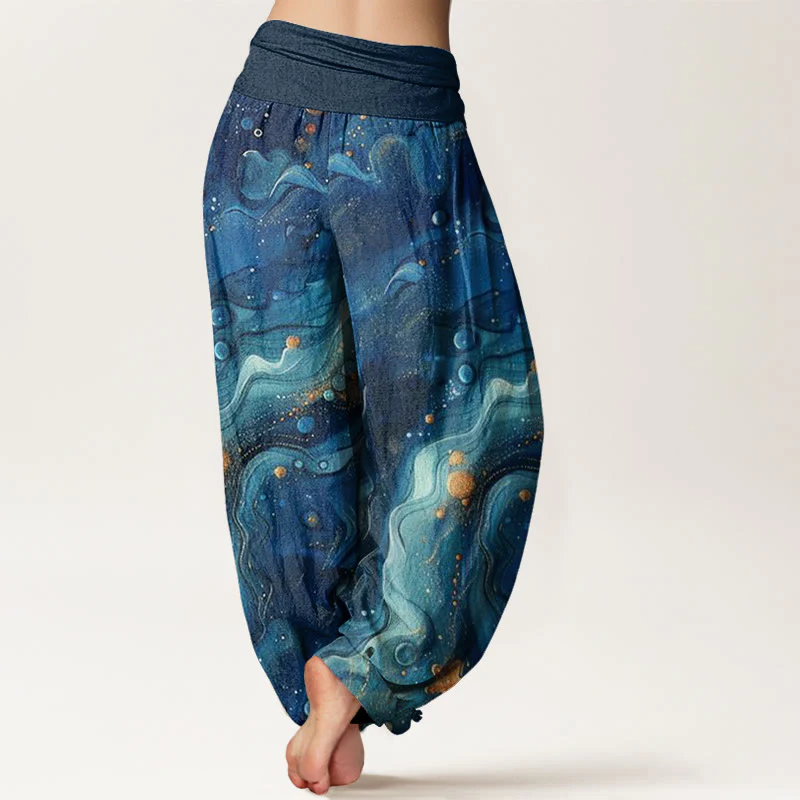 Pantaloni harem da donna con elastico in vita e motivo a stelle dorate oceaniche in cotone Buddha Stones - Image 2