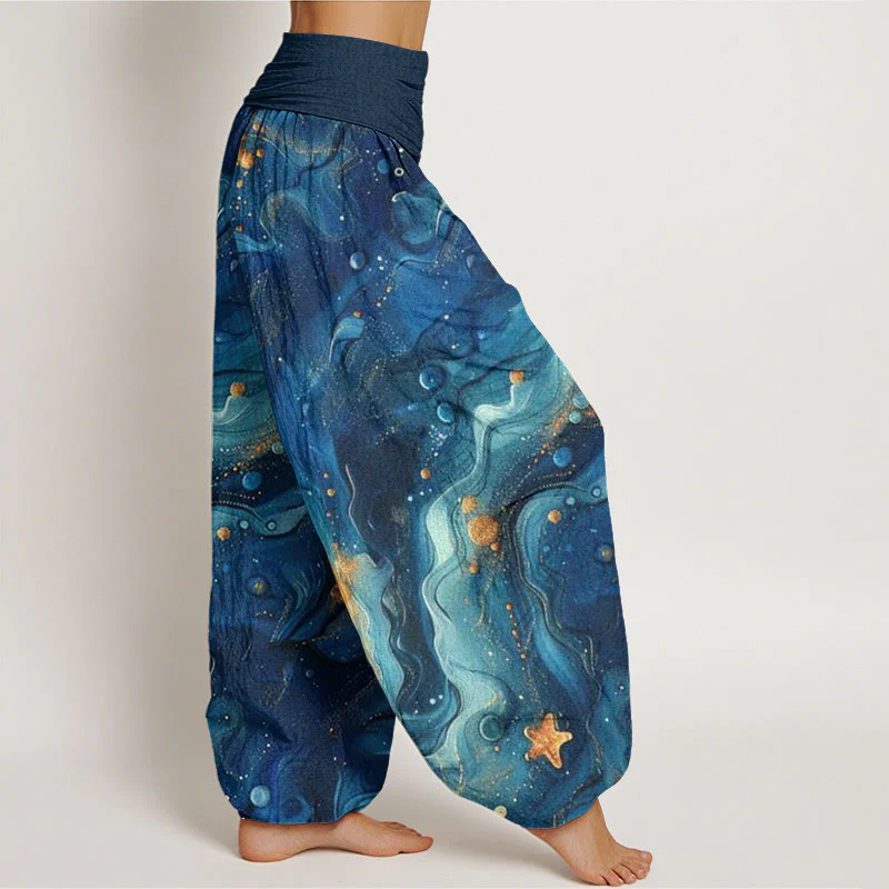 Pantaloni harem da donna con elastico in vita e motivo a stelle dorate oceaniche in cotone Buddha Stones - Image 3
