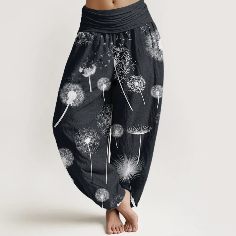 Pantaloni harem da donna con elastico in vita, in cotone, casual, con motivo a tarassaco, motivo Buddha Stones