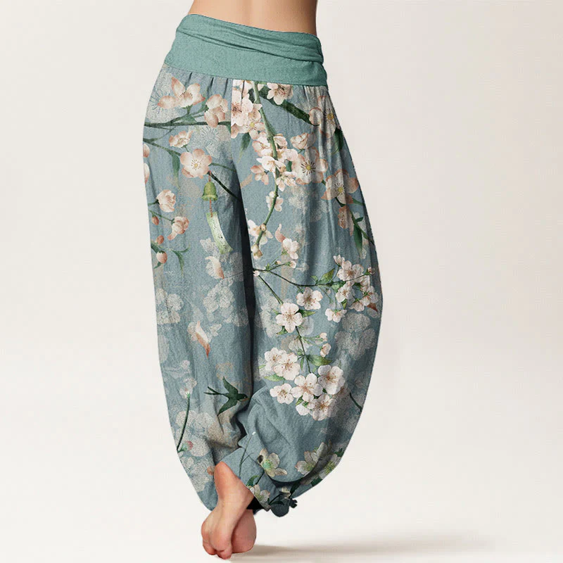 Pantaloni harem da donna con elastico in vita e motivo Buddha Stones in cotone con fiori di pesco e oche volanti - Image 2