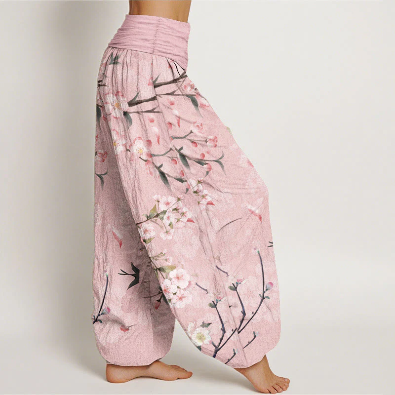 Pantaloni harem da donna con elastico in vita e motivo Buddha Stones in cotone con fiori di pesco e oche volanti - Image 7