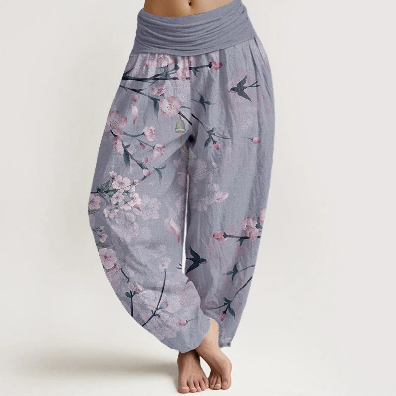Pantaloni harem da donna con elastico in vita e motivo Buddha Stones in cotone con fiori di pesco e oche volanti - Image 8