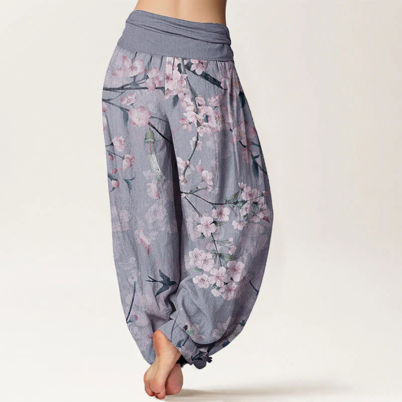 Pantaloni harem da donna con elastico in vita e motivo Buddha Stones in cotone con fiori di pesco e oche volanti - Image 9