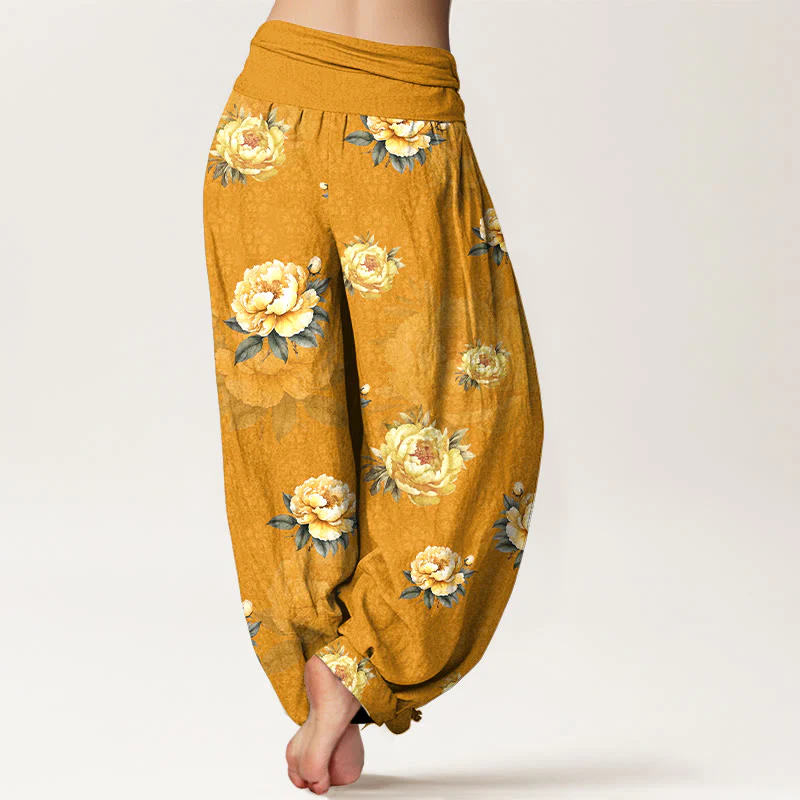 Pantaloni harem da donna con elastico in vita e motivo delicato di peonie in cotone Buddha Stones - Image 2