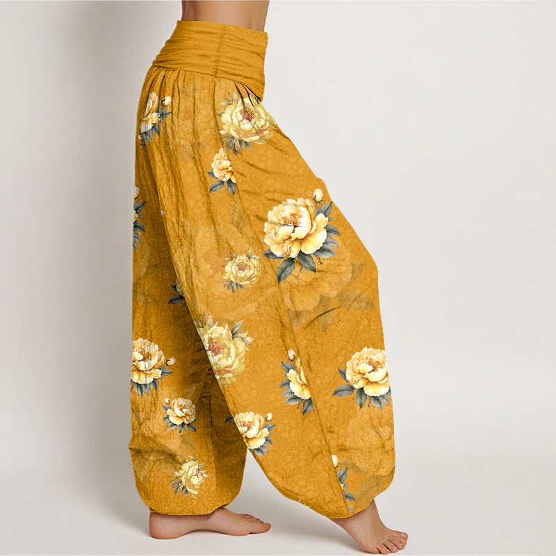 Pantaloni harem da donna con elastico in vita e motivo delicato di peonie in cotone Buddha Stones - Image 3