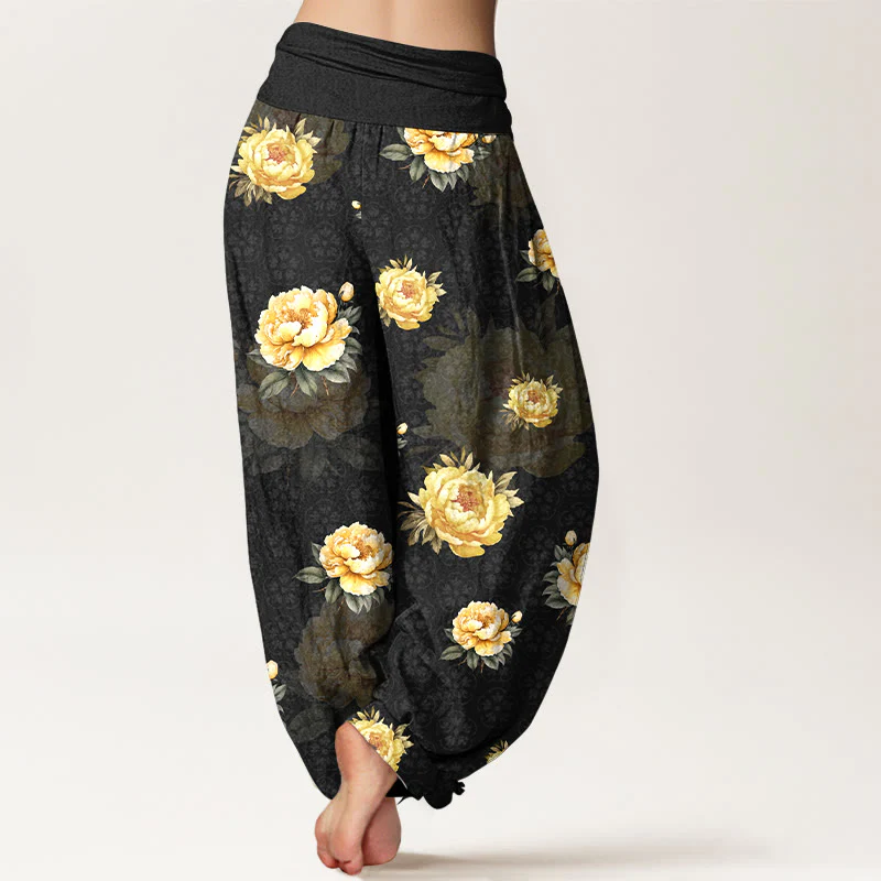 Pantaloni harem da donna con elastico in vita e motivo delicato di peonie in cotone Buddha Stones - Image 7