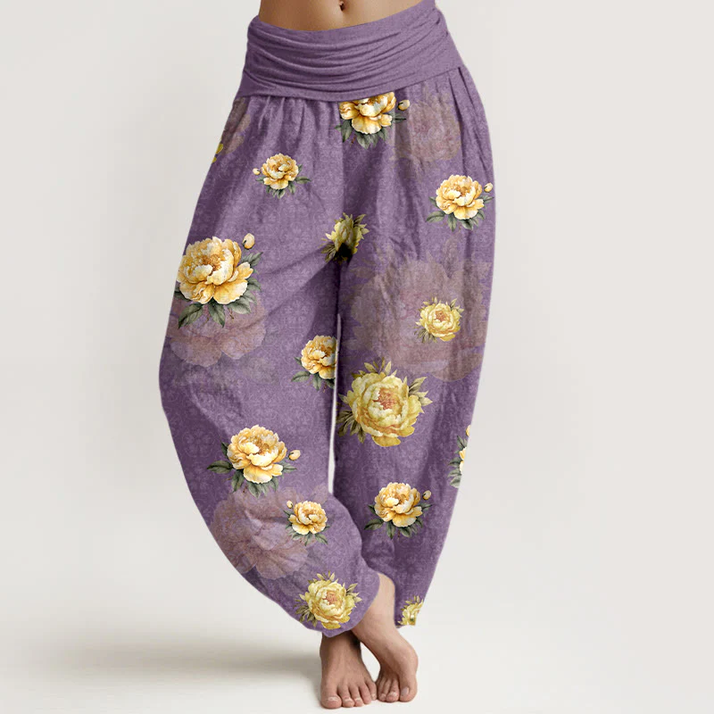 Pantaloni harem da donna con elastico in vita e motivo delicato di peonie in cotone Buddha Stones - Image 9