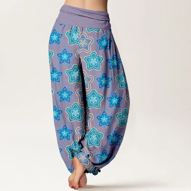 Pantaloni harem da donna con elastico in vita e motivo floreale a cinque petali in cotone con motivo Buddha Stones - Image 10