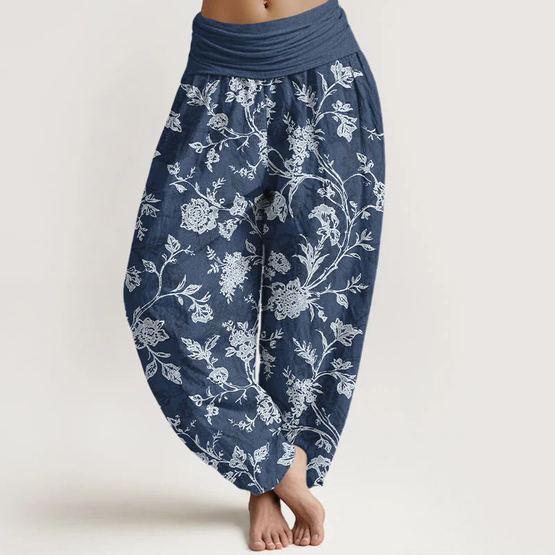 Pantaloni harem da donna con elastico in vita e motivo floreale in cotone a copertura totale Buddha Stones