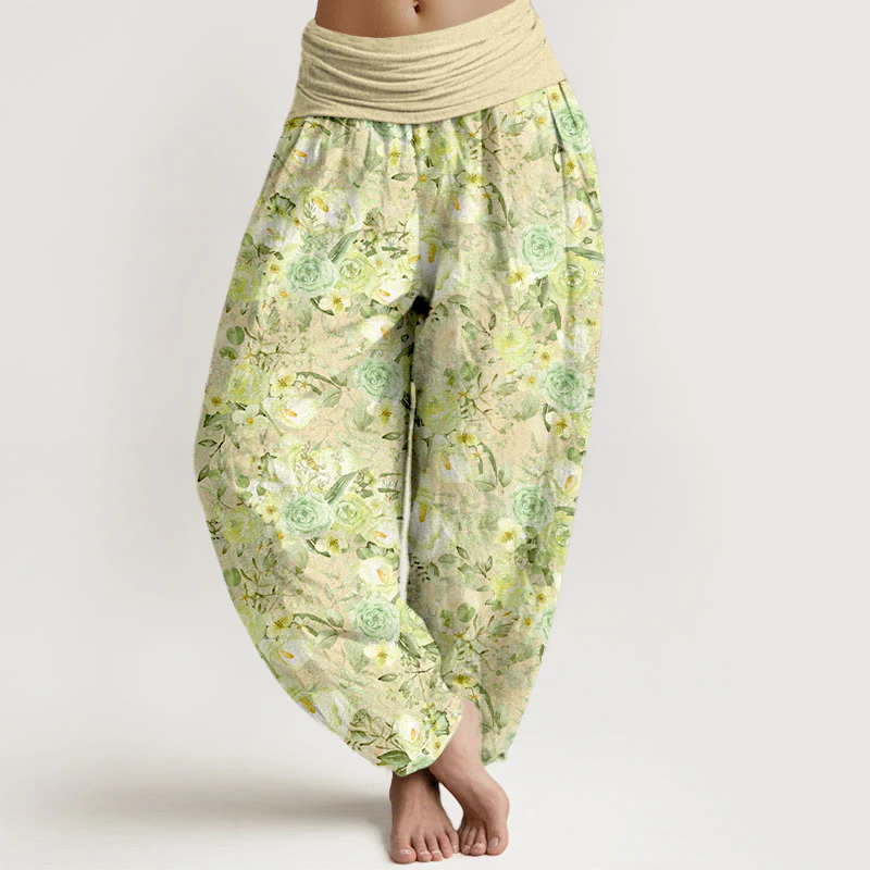 Pantaloni harem da donna con elastico in vita e motivo floreale pastorale in cotone Buddha Stones