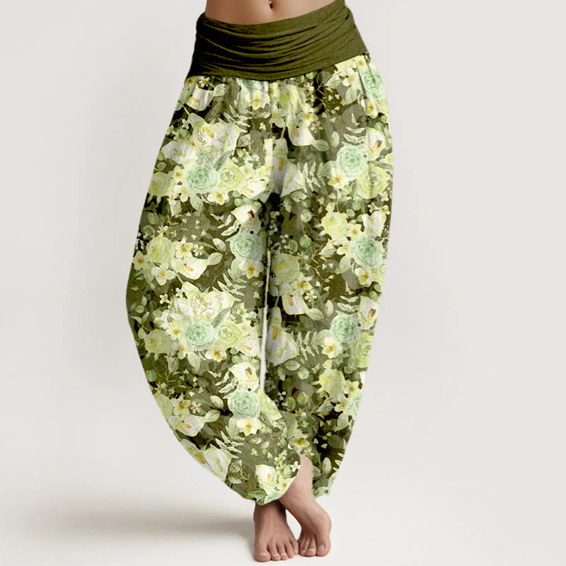 Pantaloni harem da donna con elastico in vita e motivo floreale pastorale in cotone Buddha Stones - Image 6
