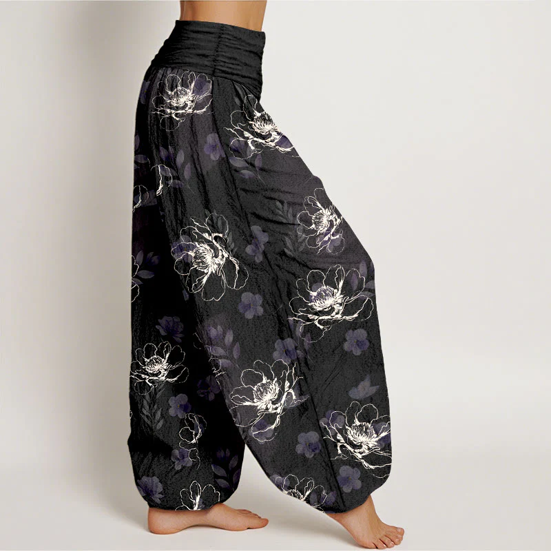 Pantaloni harem da donna con elastico in vita e motivo floreale retrò in cotone Buddha Stones - Image 3