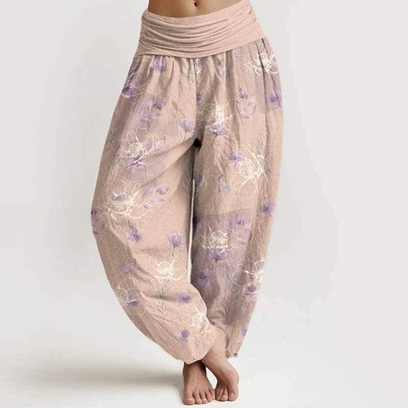 Pantaloni harem da donna con elastico in vita e motivo floreale retrò in cotone Buddha Stones - Image 9