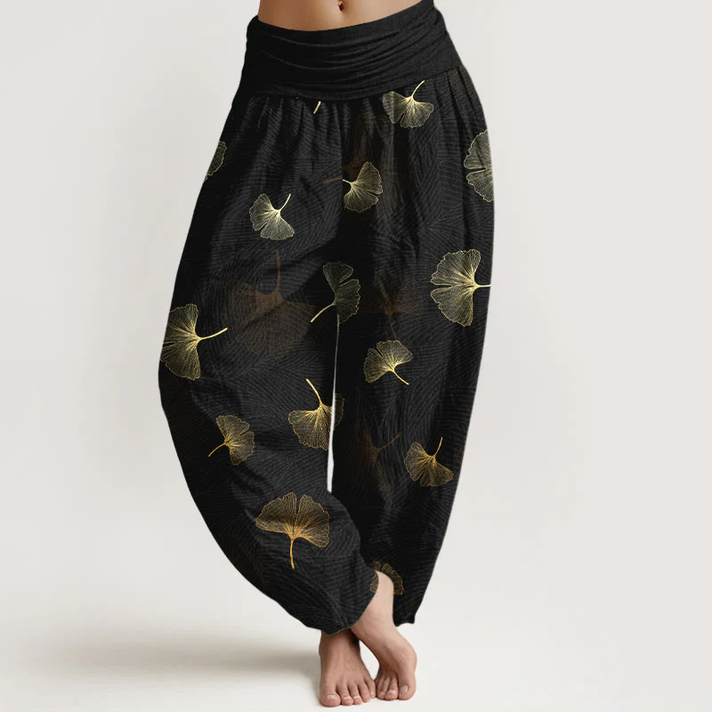 Pantaloni harem da donna con elastico in vita e motivo ginkgo in cotone Buddha Stones