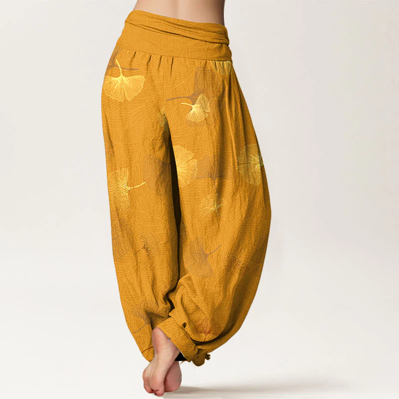 Pantaloni harem da donna con elastico in vita e motivo ginkgo in cotone Buddha Stones - Image 10