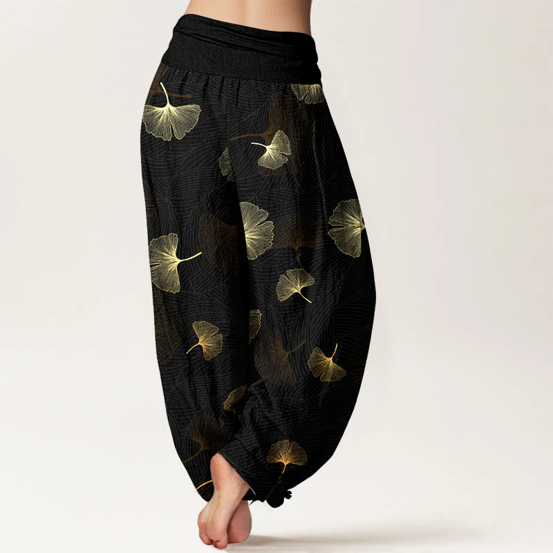 Pantaloni harem da donna con elastico in vita e motivo ginkgo in cotone Buddha Stones - Image 2