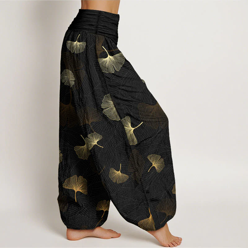 Pantaloni harem da donna con elastico in vita e motivo ginkgo in cotone Buddha Stones - Image 3