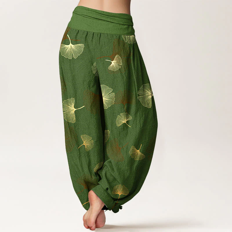 Pantaloni harem da donna con elastico in vita e motivo ginkgo in cotone Buddha Stones - Image 7