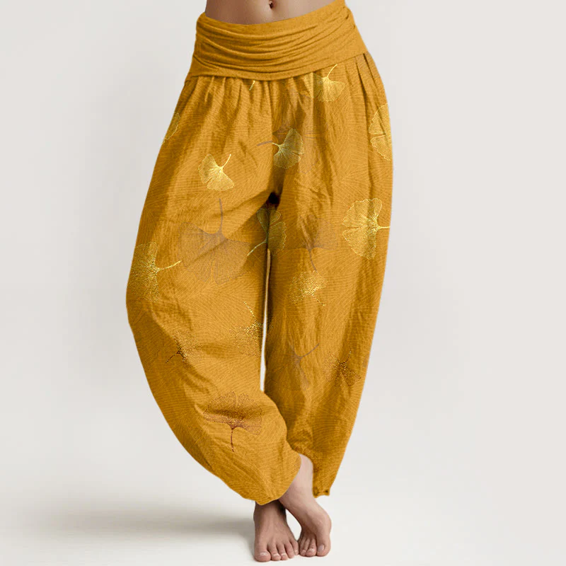 Pantaloni harem da donna con elastico in vita e motivo ginkgo in cotone Buddha Stones - Image 9