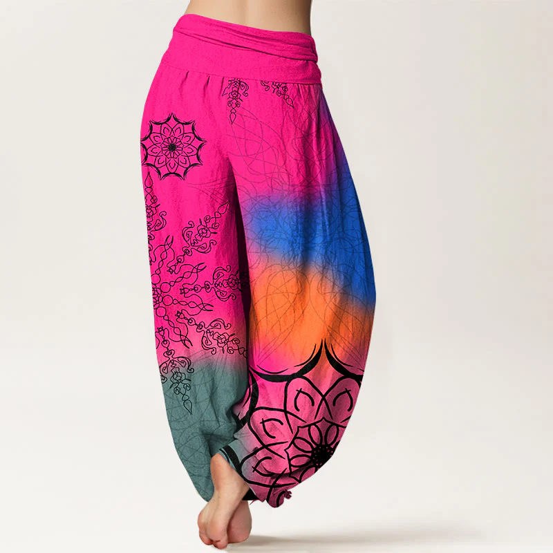 Pantaloni harem da donna con elastico in vita e motivo mandala in cotone dai colori vivaci, con Buddha Stones - Image 2