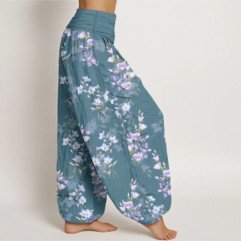 Pantaloni harem da donna con elastico in vita, in cotone, a forma di stella, a forma di tromba, con motivo floreale, motivo Buddha Stones - Image 8