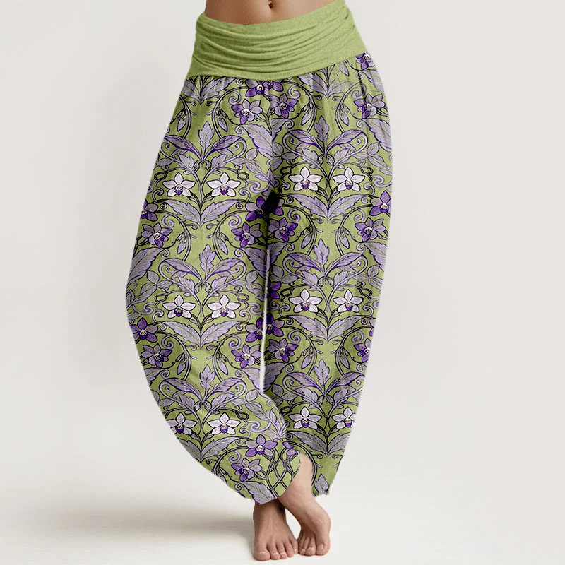 Pantaloni harem da donna con elastico in vita, in cotone, a forma di stella, con motivo a fiori e foglie, motivo Buddha Stones