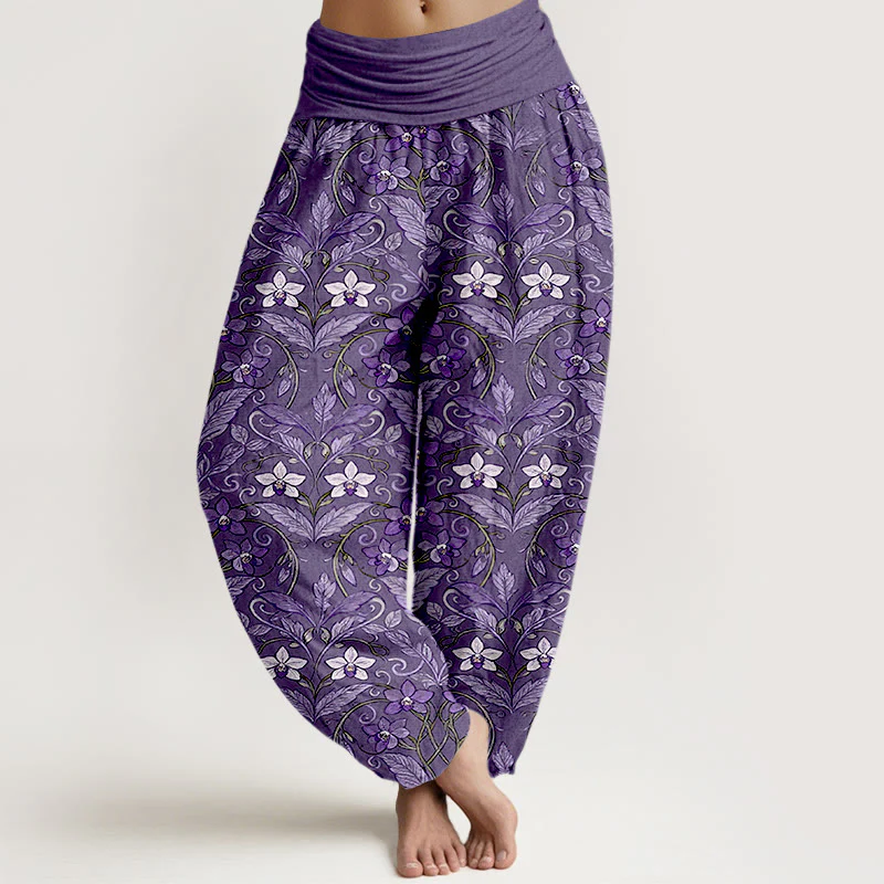 Pantaloni harem da donna con elastico in vita, in cotone, a forma di stella, con motivo a fiori e foglie, motivo Buddha Stones - Image 12