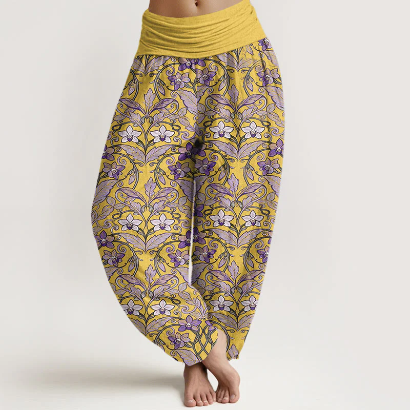 Pantaloni harem da donna con elastico in vita, in cotone, a forma di stella, con motivo a fiori e foglie, motivo Buddha Stones - Image 6