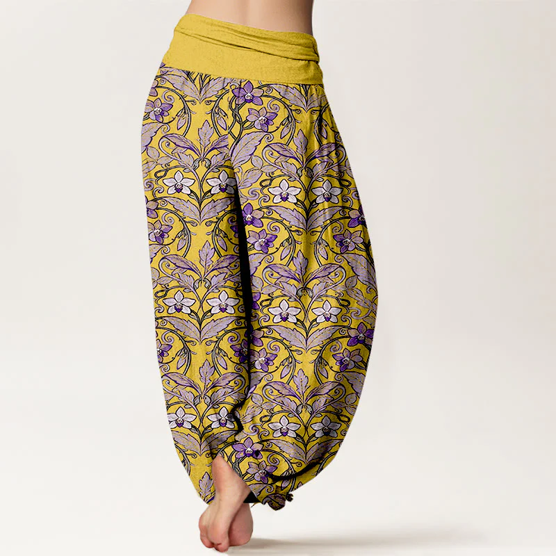 Pantaloni harem da donna con elastico in vita, in cotone, a forma di stella, con motivo a fiori e foglie, motivo Buddha Stones - Image 7
