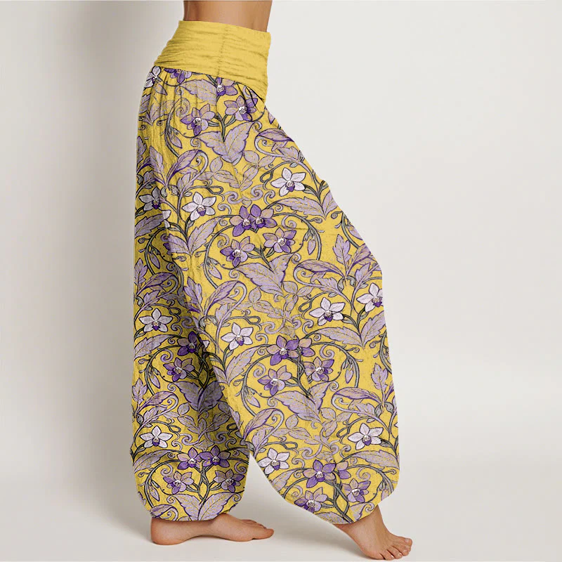 Pantaloni harem da donna con elastico in vita, in cotone, a forma di stella, con motivo a fiori e foglie, motivo Buddha Stones - Image 8