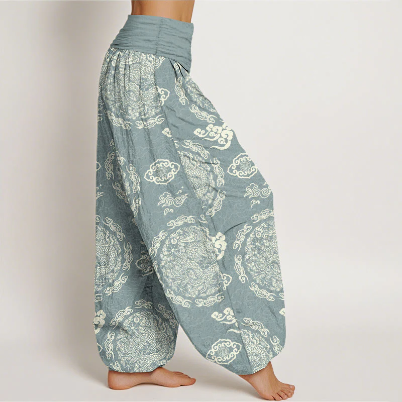 Pantaloni harem da donna con elastico in vita, in cotone, colore chiaro, motivo drago e nuvola , Buddha Stones - Image 3