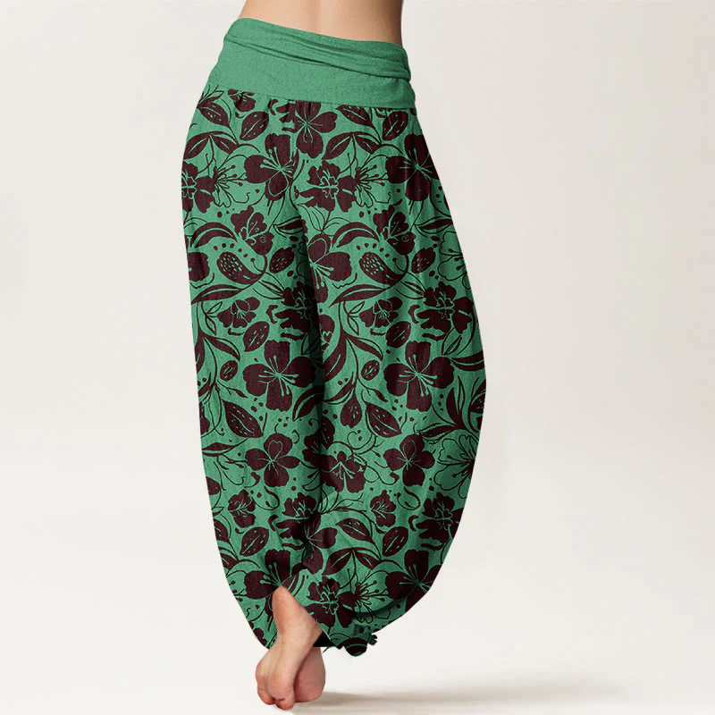 Pantaloni harem da donna con elastico in vita, in cotone, con motivo a fiori e foglie ripetuti, motivo Buddha Stones - Image 2