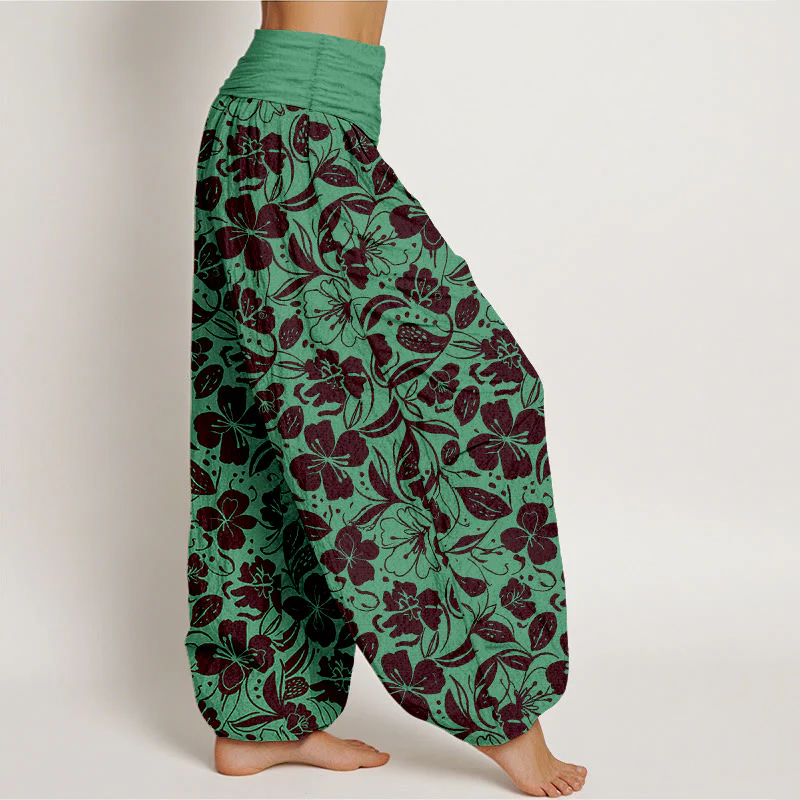 Pantaloni harem da donna con elastico in vita, in cotone, con motivo a fiori e foglie ripetuti, motivo Buddha Stones - Image 3