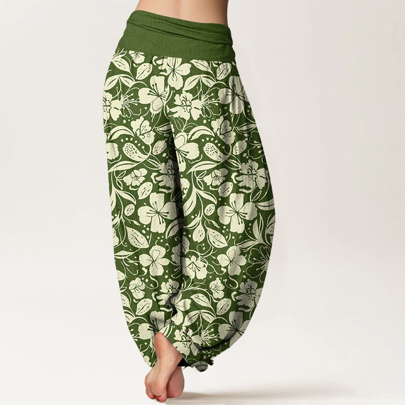 Pantaloni harem da donna con elastico in vita, in cotone, con motivo a fiori e foglie ripetuti, motivo Buddha Stones - Image 7