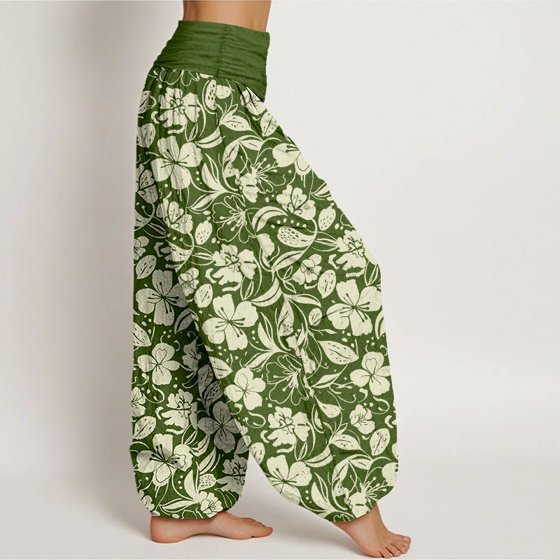 Pantaloni harem da donna con elastico in vita, in cotone, con motivo a fiori e foglie ripetuti, motivo Buddha Stones - Image 8