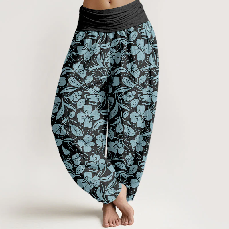 Pantaloni harem da donna con elastico in vita, in cotone, con motivo a fiori e foglie ripetuti, motivo Buddha Stones - Image 9