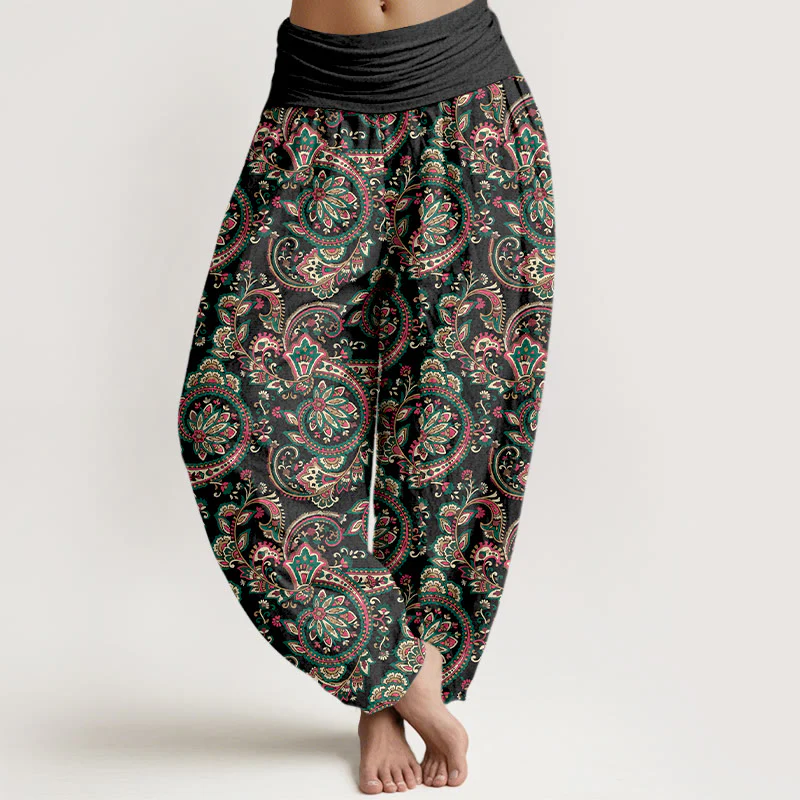 Pantaloni harem da donna con elastico in vita, in cotone, con motivo a fiori, foglie e viticci, stile retrò, motivo Buddha Stones