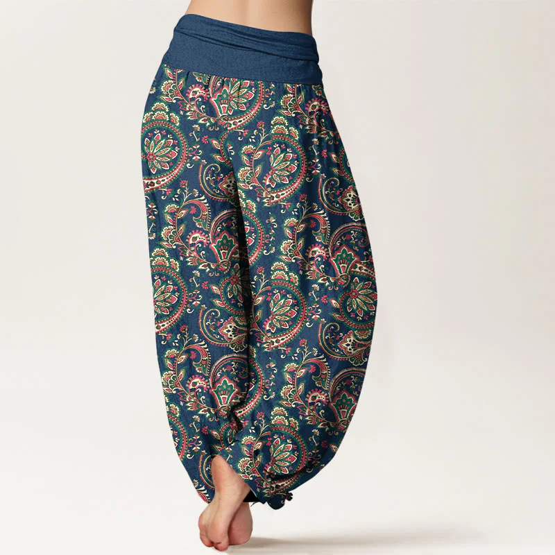 Pantaloni harem da donna con elastico in vita, in cotone, con motivo a fiori, foglie e viticci, stile retrò, motivo Buddha Stones - Image 10