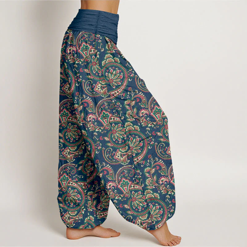Pantaloni harem da donna con elastico in vita, in cotone, con motivo a fiori, foglie e viticci, stile retrò, motivo Buddha Stones - Image 11