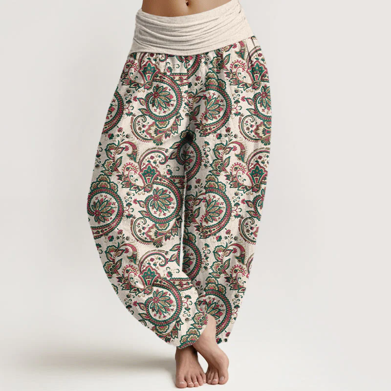 Pantaloni harem da donna con elastico in vita, in cotone, con motivo a fiori, foglie e viticci, stile retrò, motivo Buddha Stones - Image 6