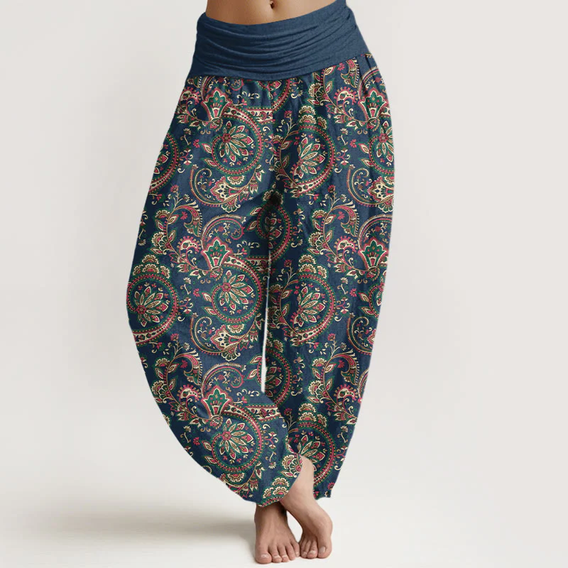 Pantaloni harem da donna con elastico in vita, in cotone, con motivo a fiori, foglie e viticci, stile retrò, motivo Buddha Stones - Image 9