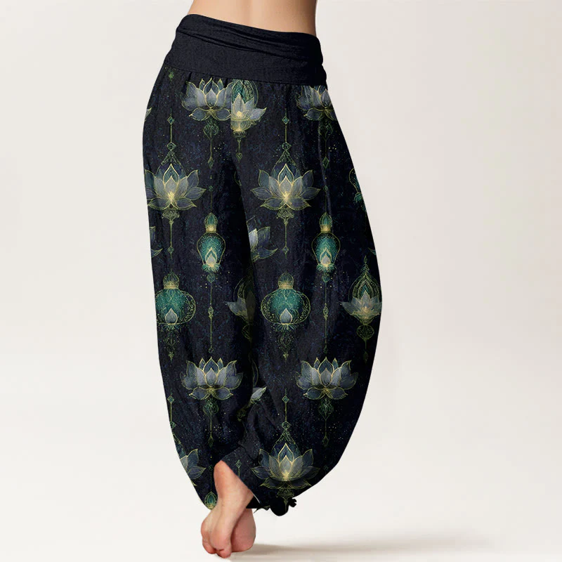 Pantaloni harem da donna con elastico in vita, in cotone, con motivo a lanterna di loto, modello Buddha Stones - Image 7