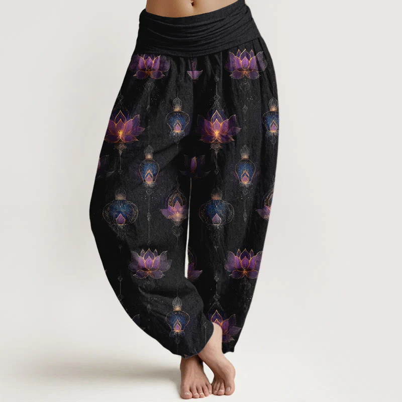 Pantaloni harem da donna con elastico in vita, in cotone, con motivo a lanterna di loto, modello Buddha Stones - Image 9