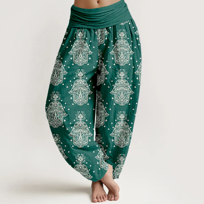 Pantaloni harem da donna con elastico in vita, in cotone, con motivo a mano di Hamsa, disposti in modo ordinato, motivo Buddha Stones